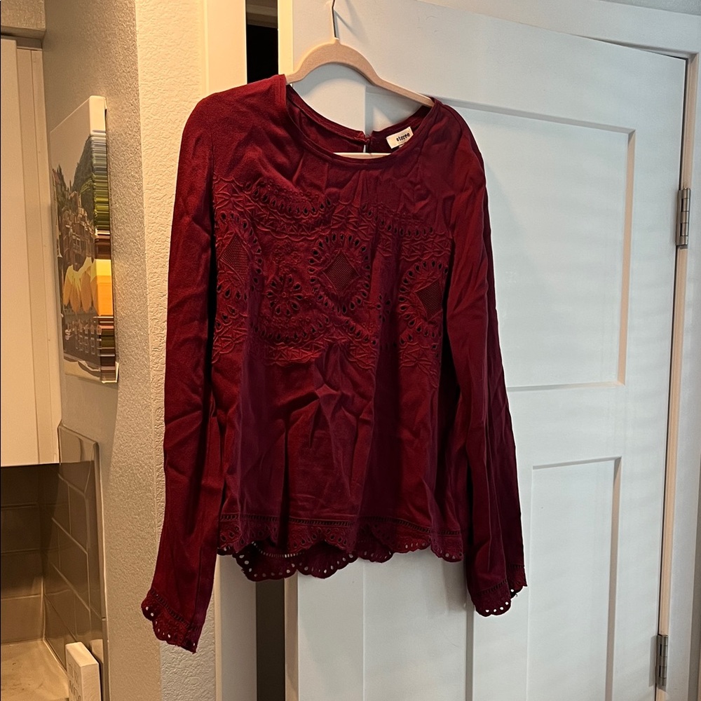 Women's Embroidered Long Sleeve Blouse - Deep Wine